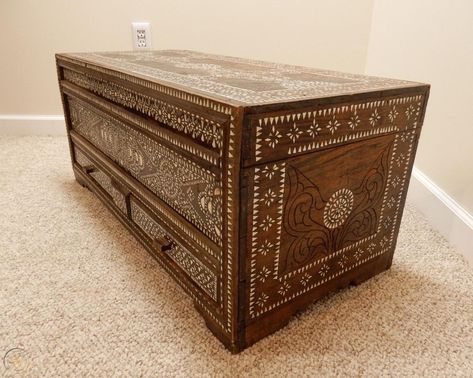 Antique Indian Mother of Pearl Inlay Wedding chest with Drawers | #1816511397 Chest With Drawers, Wedding Chest, Mother Of Pearl Inlay, Pearl Inlay, Mother Pearl, Wood Box, Wood Boxes, Chest Of Drawers, Storage Chest