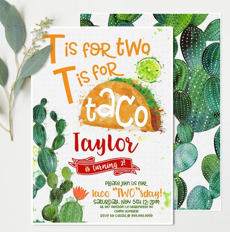 CassiaLeighDesign 2 Birthday Invitations, Taco Twosday, Second Birthday Party, Second Birthday Ideas, Taco Party, 2nd Birthday Party Themes, 2nd Birthday Invitations, Fiesta Birthday, Green Cactus