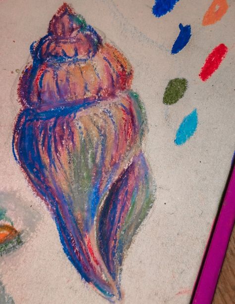 Oil Pastel Shell Drawing, Under The Sea Oil Pastel, Summer Oil Pastel Drawing, Seashell Oil Pastel, Oil Pastel Sea Animals, Ocean Pastel Drawing, Jellyfish Oil Pastel, Drawing Seashells, Fish Oil Pastel