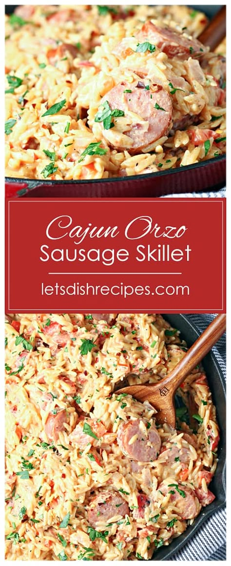 Cajun Orzo Sausage Skillet Recipe -- This easy one skillet meal features orzo pasta and smoked sausage in a creamy, spicy tomato based sauce. Ready in about 20 minutes, this is the perfect meal for busy week nights. #pasta One-pan Cajun Orzo With Sausage, One Pot Orzo Sausage Spinach Corn, Orzo Turkey Sausage, Creamy Orzo With Sausage, Cajun Dirty Orzo, Cajun Chicken Sausage Recipes, Andouille Sausage Orzo, Sausage Orzo Soup Recipes, Kielbasa Orzo Recipes