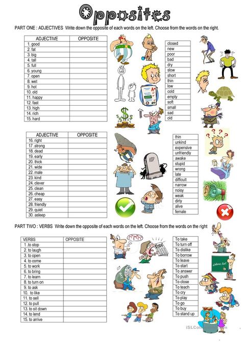 Opposites Worksheet, English Adjectives, Esl Vocabulary, English Exercises, English Grammar Worksheets, Kids English, English Classroom, English Activities, Grammar Lessons