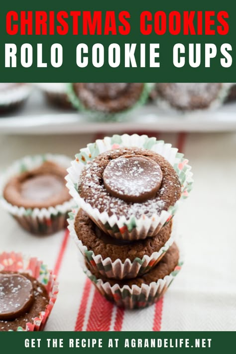 Rolo cookie cups have a melting Rolo middle and soft brownie cookie cup shell, ready in just 15 minutes. Rolo Cup Cookies, Rollo Cookies Christmas, Rolo Cookie Cups, Rollo Cookies, Brownie Cookie Cups, Christmas Baking List, Italian Anise Cookies, Rolo Chocolate, Rolo Cookies