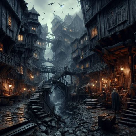 Fantasy Slums, Fantasy Cottage, Apocalypse Aesthetic, Luxury Living Room Design, Interesting Buildings, Fantasy City, Fantasy Setting, Fantasy Landscape, Book Aesthetic