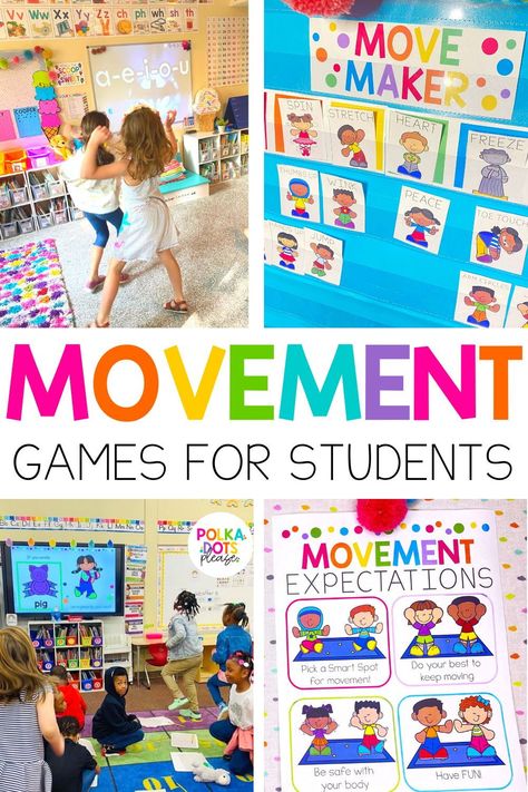 Primary students in kindergarten & first grade love to move. Use that to your advantage by adding movement activities, brain breaks & movement games to your daily classroom schedule. This blog post will teach you about a variety of different movement activities that you can use to get the wiggles out while also reinforcing what you are teaching. Watch engagement soar as students move while learning. Head over to the Polka Dots Please website to read more about adding movement to your day. Gym Activities For Kindergarten, Movement Breaks In The Classroom, Kindergarten Gym Activities, Creative Movement, Classroom Schedule, Classroom Expectations, Classroom Centers, Whole Brain Teaching, Brain Gym