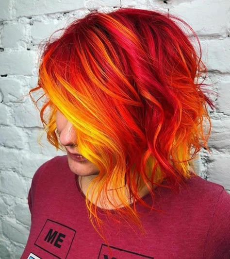 Fire Ombre Hair, Fire Hair Color, Orange Ombre Hair, Sunset Hair Color, Fire Red Hair, Red Orange Hair, Sunset Hair, Fire Hair, Short Ombre Hair