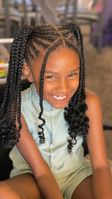 Follow @hayvenshair on Instagram for more kid’s braid styles 😍😍😍 Mcclure Twins Hairstyles Braids, Girls Box Braids Black Kids, Cute Braids For Kids Black, Child Braid Hairstyles, Simple Girl Braids Hairstyles Kids Black, Hairstyles For 7 Year Girl Black, Kids Braided Hairstyles With Curls, Mixed Girl Braids Kids, Little Mixed Girl Braid Styles