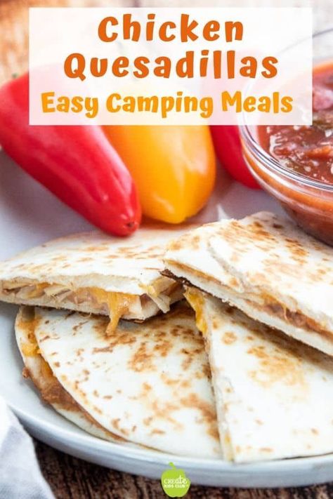 Add this Healthy Quesadilla Recipe to your list of easy camping lunches. Made with canned chicken, canned refried beans, and lots of cheese, this is an easy camping meal for kids that comes together quickly! #campinglunches #campingmenu #easycampingrecipes #campfirerecipes #campingrecipe #RVmeals #createkidsclub Easy Camping Lunches, Chicken Quesadillas Easy, Healthy Quesadilla Recipe, Healthy Quesadilla, Camping Meals For Kids, Camping Meal Planning, Camping Menu, Camping Lunches, Quesadilla Recipe