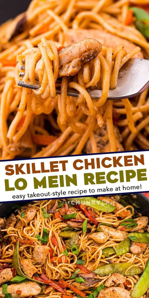 Better than takeout, this Chicken Lo Mein recipe comes together quickly, in one skillet, and is full of juicy chicken, tender lo mein noodles, and crisp tender veggies, all coated in a silky savory sauce! Chicken Lo Mein Recipe Easy, Lo Mein Easy, Chicken Lo Mein Noodles, Chicken Lo Mein Recipe, Lo Mein Recipe, Easy Skillet Chicken, The Chunky Chef, Lo Mein Noodles, Chunky Chef