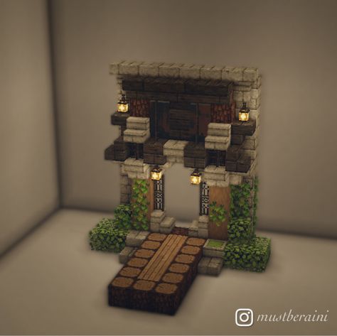 Village Stands Minecraft, Mc Entrance Ideas, Minecraft Front Entrance Ideas, Minecraft Small Things To Build, Minecraft Builds No Shaders, Minecraft Building Ideas Entrance, Minecraft Interior Design Entrance, Minecraft Aesthetic Entrance, Aesthetic Mine Entrance Minecraft