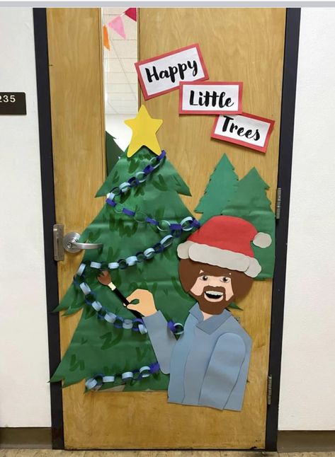 Holiday Work Decorations, Bob Ross Door Decoration, Christmas Theme Door Decorating Contest, Winter Door Contest Decorating Ideas, Bob Ross Christmas Door, Art Teacher Christmas Door, Fit Christmas Decorations, Fun Christmas Door Decorating Ideas, Christmas Classroom Door Funny