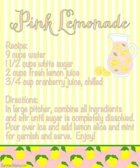 Lemonade Recipe For Kids, Homemade Pink Lemonade, Pink Lemonade Recipe, Kids Lemonade Stands, Pink Lemonade Recipes, Kids Lemonade, Diy Lemonade Stand, Recipe Printable, How To Make Pink