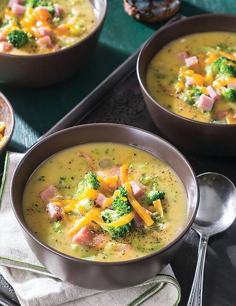 Cheddar, Ham, and Broccoli Chowder - Southern Lady Magazine Broccoli Chowder, Corn Chowder With Ham, Ham And Broccoli, Ham Chowder, Chili Stew, Cooked Ham, Soup Chili, Ham Soup, Southern Lady