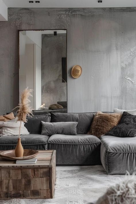 Chic Grey Velvet Sofa Living Room Styles &amp; Tips Dark Gray Velvet Sofa, Grey Velvet Sofa Living Room, Velvet Sofa Living Room Ideas, Velvet Grey Sofa, Gray Velvet Sofa, Light Gray Sofa, Gray Velvet Couch, Sofa Living Room Ideas, Velour Sofa