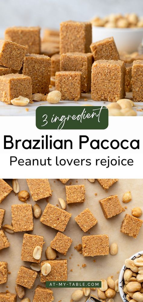 Cubes of 3-ingredient Paçoca, a traditional Brazilian peanut candy, stacked on a table with scattered peanuts. Brazilian Sweets, Easy Dessert Idea, Brazilian Desserts, Peanut Candy, Quick Treats, Gluten Free Vegan Recipes, Recipe Sweet, Allergy Friendly Recipes, Quick Snack