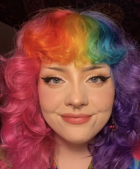 Rainbow Hair With Bangs, Clowncore Hairstyles, Rainbow Mullet, Hair Rainbow Color, Rainbow Bangs, Rainbow Hair Color Ideas, Wig Ideas, Rainbow Hair Color, Mabel Pines