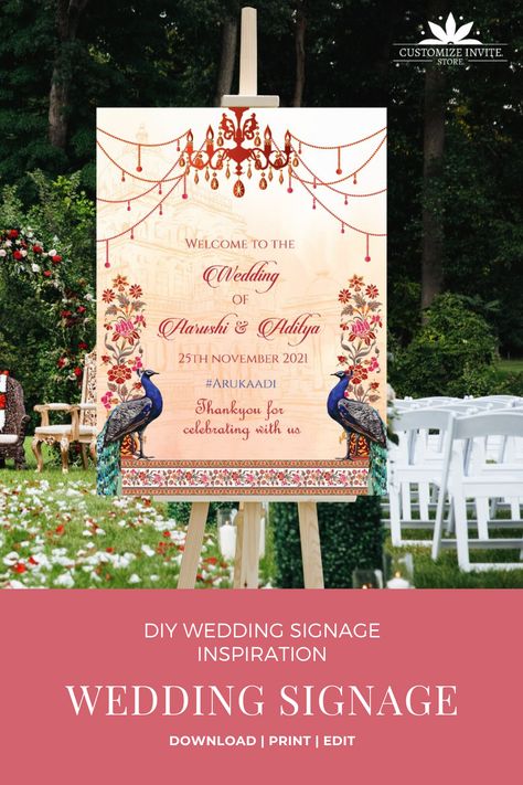 This Indian wedding signage template with an Indian Peacock is perfect for you if you are looking for a classy printable Indian Wedding Welcome Sign, that is a printable and editable template download for your Indian Wedding Day! All the beautiful busy brides save your valuable pre-time and we will take care of your traditional Hindu Wedding Decoration with Indian Welcome Signs while still giving you the complete Wedding welcome Sign & stationery of your dreams for your Indian Wedding Day Hindu Wedding Welcome Board, Bridal Entry Ideas Indian, Punjabi Wedding Decor, Wedding Welcome Signage, Wedding Signage Template, Hindu Wedding Decorations, Wedding Welcome Board, Hindu Wedding Ceremony, Wedding Entrance Decor