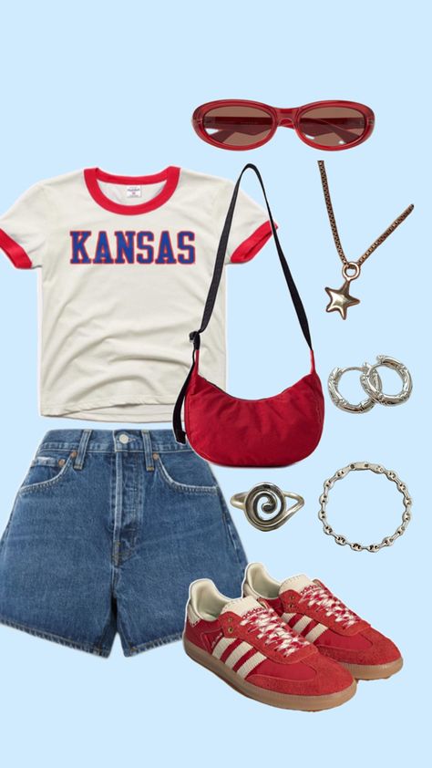 university of kansas, game day fit, red, sambas, baggu Ku Gameday Outfit, Ku Game Day Outfits, Red Sambas, College Clothes, Rock Chalk, Dream Outfits, University Of Kansas, Day Outfits, Gameday Outfit