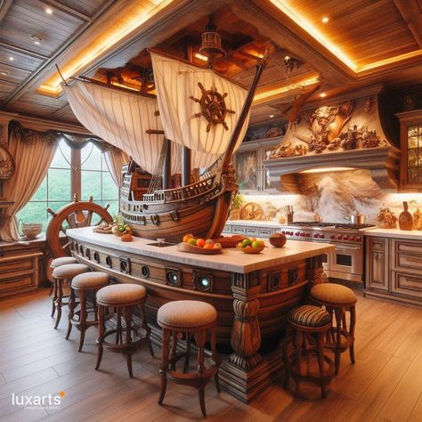 Pirate Ship Kitchen Islands 🏴‍☠️🍽️🚢 #PirateGalley #NauticalCuisine #SwashbucklingFeasts Set sail for culinary adventures with Pirate Ship Kitchen Islands. These unique kitchen fixtures bring nautical charm to your home, transforming meal preparation into a swashbuckling experience. Elevate your kitchen with Pirate Ship Kitchen Islands, where every meal becomes a voyage through the high seas of flavor. 🌊⚔️✨ Mansion Castle, Traditional Kitchen Island, Nautical Kitchen, Porthole Window, Gothic Furniture, Meal Preparation, Fantasy Homes, Living The Life, Kitchen Themes