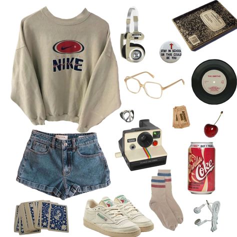 Outfits With Glasses Summer, 90s Slasher Movie Outfits, Summer Vintage Aesthetic Outfits, 80s Nike Outfit, Vintage 80s Aesthetic Outfits Summer, Retro Socks Outfit, Retro Reebok Sneakers Outfit, 90s Camping Outfit, 90s Crewneck Outfit