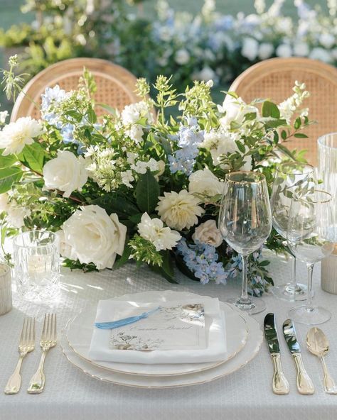 Clean and sophisticated, we are on cloud nine with this charming and chic design!💙🤍A delightful fusion of a blooming bouquet, coupled with… | Instagram Sophisticated Wedding Flowers, Wedding Table Linens, Sophisticated Wedding, Gold Sequins, Chair Covers, Blue Accents, Chic Design, Natural Texture, Table Linens