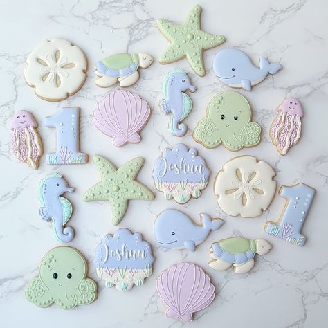 Oneder The Sea Cookies, Under The Sea Baby Shower Cookies, Under The Sea Sugar Cookies, Under The Sea Birthday Cookies, Dolphin Birthday Cakes, Under The Sea Cookies, Baby Boy Cookies, Turtle Baby Shower, First Birthday Cookies