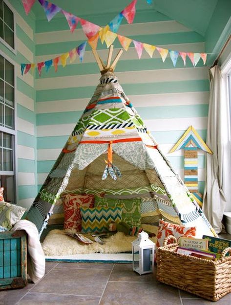 Oh goodness, I am in love with this sweet kids room/play area.  Mint green striped walls and colorful accessories.  Inviting tee-pee with pillows.  Perfect little reading nook. No Sew Teepee, Tipi Tent, Kids Bedroom Designs, Teepee Kids, Teepee Tent, Boho Deco, Kids Playroom, Kid Spaces, Kids' Room