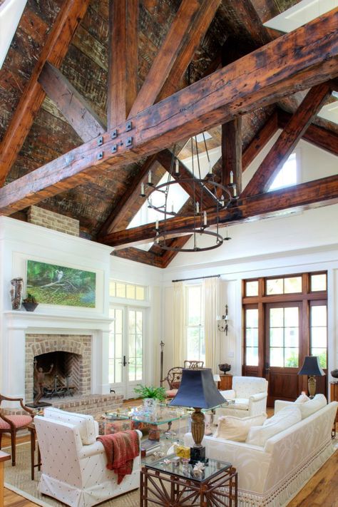 BEAMS! Cathedral Ceiling Living Room Fireplace Wood Beams, Timberframe Interiors, Timber Frame Living Room, Beams Ceiling, Fireplace Rustic, Sconces Fireplace, Light Furniture, Timber Beams, Timber Frame Homes