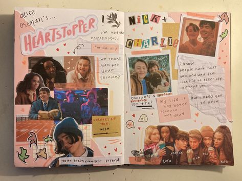 Movie Journaling Ideas, Heartstopper Journal Page, Reading Journal Collage, Reading Journal Scrapbook, Heartstopper Art Ideas, Movie Scrapbook Ideas, Film Journal Cover, Film Journal Aesthetic, Heartstopper Journal