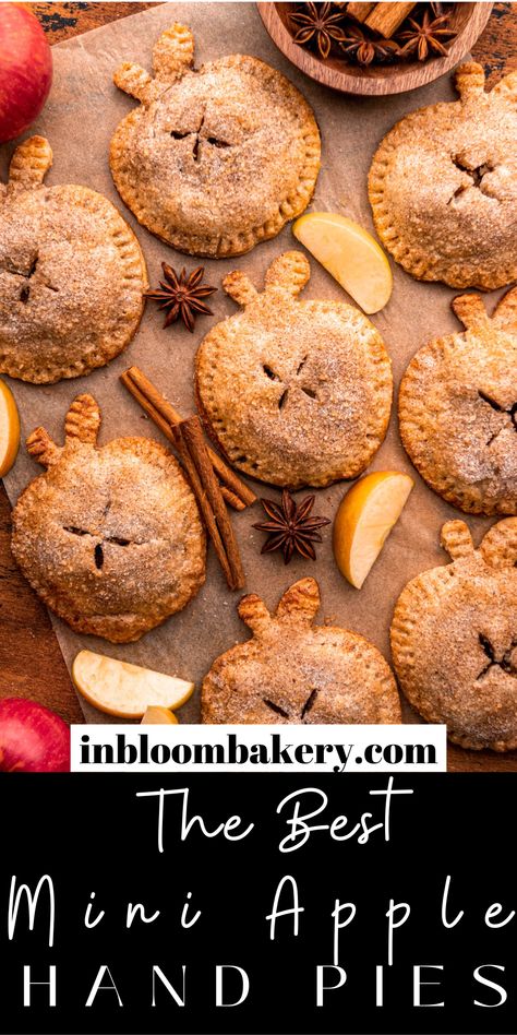 These are the best mini apple pies! They have apple shaped buttery crusts filled with a homemade apple pie filling and they're sprinkled with spiced sugar. They're a fun twist on a classic apple pie recipe! Mini Apple Hand Pies, Mini Apple Pie Recipe, Classic Apple Pie Recipe, In Bloom Bakery, Bloom Bakery, Homemade Apple Pie Filling, Homemade Pie Crust Recipe, Apple Hand Pies, Homemade Apple Pie