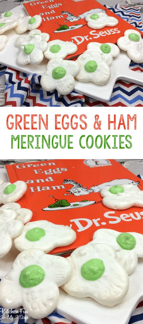 Dr. Seuss Green Egg Meringue Cookies. This is a fun little cookie to make with kids when you're reading Green Eggs and Ham! #cookies #recipes #drseuess #yum #cookies #food Green Eggs And Ham Cookies, Green Eggs And Ham Cake, Dr Seuss Snacks, Spring Library, Preschool Snack, Childcare Ideas, Spirit Days, Seuss Crafts, Kid Recipes