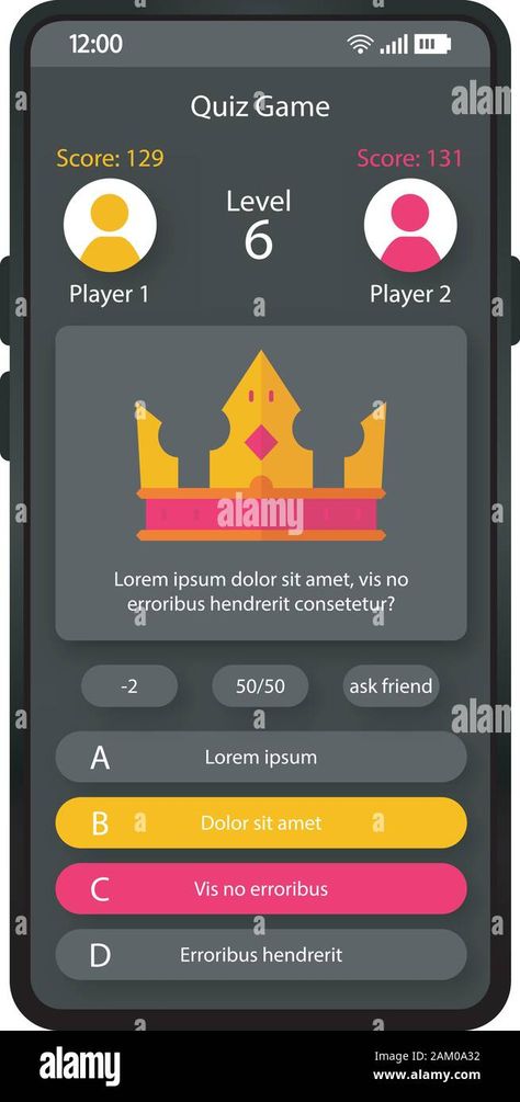 Trivia App, Flat Ui, Vector Online, Game Ui Design, Online Quiz, Trivia Game, Player 1, Vector Template, Trivia Games