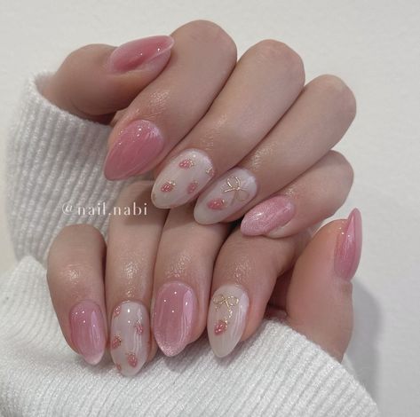 Pink Pumpkin Nail Design, Pink Builder Gel Nails, Pink Nail With Design, Soft Feminine Nails, Cute Asian Nails, Minimalist Pink Nails, Strawberry Pink Nails, Korean Nail Ideas, Milk Nails Design