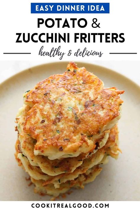 These quick and easy potato fritters are perfect for breakfast, lunch or dinner. Made with simple ingredients, these delicious vegetarian potato and zucchini fritters will be a hit with the whole family! Healthy Potato Breakfast, Best Way To Bake Potatoes, Crock Pot Potato Recipes, Baked Potatoes In Crock Pot, Baked Potatoes In The Microwave, Baked Potatoes On The Grill, Baked Potatoes In Air Fryer, Potatoes In Crock Pot, Potatoes In Instant Pot