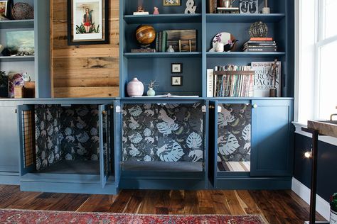 Building the Ultimate Dog Bed: With A Tunnel! And a Door! | Bloom in the Black    A detailed look at this super cool hidden dog den complete with a tunnel that leads outside through a doggie door    #creativedogbeds #creativebuiltin #builtin #dogbed #dogdoor #builtinideas #dogbedideas Built In Dog Crate Bookcase, Bookcase With Dog Bed, Built In Bookshelves With Dog Crate, Hidden Dog Bed, Dog Kennel In Closet, Pretty Dog Crate, Hidden Dog Door, Hidden Dog Crate, Luxury Dog Room