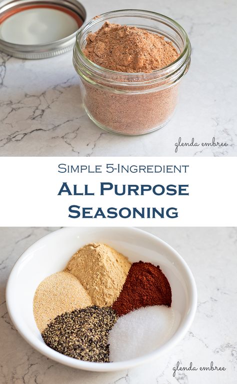 homemade all purpose seasoning in a mason jar and image of ingredients measured into a bowl - salt, pepper, paprika, onion powder, garlic powder All Purpose Chicken Seasoning, Savory Seasoning Recipe, Seasoning Blend For Chicken, Homemade All Purpose Seasoning, All Purpose Spice Blend, Diy All Purpose Seasoning, Homemade Chicken Seasoning, All Purpose Seasoning Blend, Easy Burger Seasoning