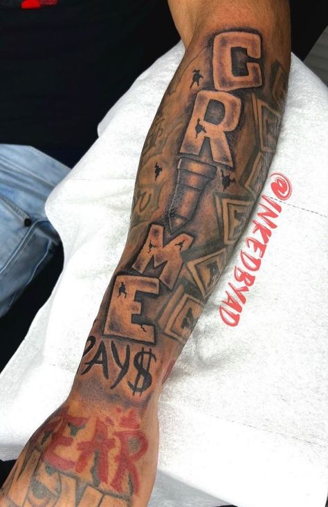 Raw Forearm Tattoos, Chances Make Champions Tattoo, Money Tattoo Designs Men, Menace To Society Tattoo, Street Tattoos For Men, Trap Tattoos Men, Long Live Tattoo, Tattoos Half Sleeve, Mind Over Matter Tattoo