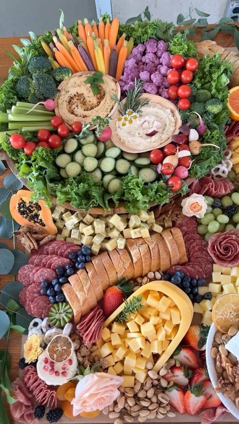 Wedding Fruit And Cheese Display Appetizers Table, Grazing Table Flowers, Tiered Grazing Table, Layered Charcuterie Table, Grazing Table With Flowers, Spring Grazing Table, Grazing Table For 150 People, Wildflower Charcuterie Board, Food Spread Table