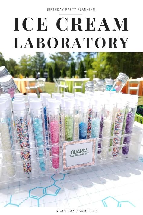 Science Party Ice Cream Laboratory - A Cotton Kandi Life Science Birthday Party Favors, Science Party Favors, Science Themed Party, Science Birthday Party Ideas, Scientist Birthday Party, Mad Scientist Birthday, Science Birthday Party, Mad Science Party, Scientist Birthday