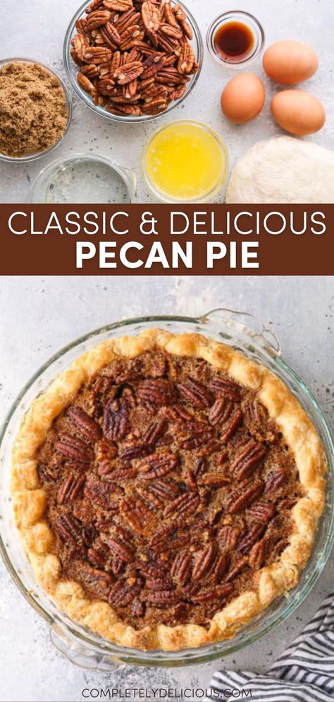 You can’t beat a classic like pecan pie! Pecan pie is such an easy, delicious dessert that I love to bake every holiday season. It has a short ingredient list, takes just a few minutes to put together, and everyone goes crazy for it! This recipe is just the classic old-fashioned recipe— caramel-like pecan filling inside of buttery flaky pie crust. | perfect pecan pie recipe | classic pecan pie recipe | pecan pie from scratch | homemade pecan pie recipe | how to make pecan pie | thanksgiving pies Small Individual Pecan Pies, Pecan Pie Recipe Paula Dean, Pecan Pie With Homemade Crust, Easy Southern Pecan Pie, How To Make A Pecan Pie, Individual Pecan Pie Recipe, How To Make Pecan Pie Easy, Pecan Pie Without Pecans, Quick And Easy Pecan Pie