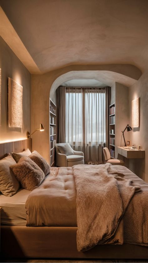 Cozy bedroom with a large bed, fluffy pillows, a soft blanket, and a reading nook by a window with sheer curtains. Cosy Warm Bedroom Aesthetic, Fluffy Bedding Ideas, Cozy Hotel Room, Comfy Bedroom Ideas, Blankets Fluffy, Cozy Bedroom Decor Ideas, Cozy Bedroom Aesthetic, Cozy Bedroom Decor, Cozy Bedrooms