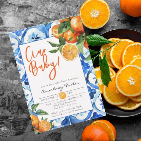 Italian Orange Watercolor Baby Shower Invitation Italian Baby Showers, Holy Cannoli, Orange Watercolor, Watercolor Baby Shower, Boy Baby Shower Themes, Announcement Ideas, Cannoli, Baby Shower Theme, Boy Shower