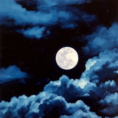 “Indigo Blue Moon” (2018) Comic Art Moon At Night Painting, Moonscapes Painting, Cloud And Moon Drawing, Moon On Water Painting, Moon And Clouds Painting Acrylic, Moon Painting Acrylic Night Skies, Moon With Clouds Painting, Blue Moon Painting Acrylic, Night Sky Moon Painting