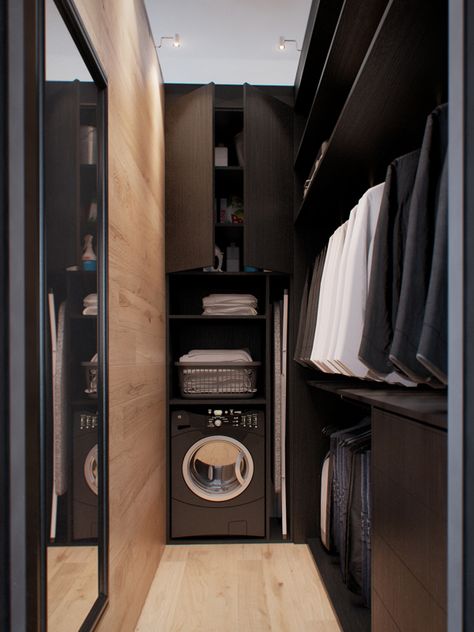 Compact closet with washer in a pre-revolution apartment in Moscow, Russia designed by INT2 Architecture Scandinavian Laundry Room, Walking Closet, Armoire Dressing, Walk In Closet Design, Men Closet, Small Closets, Apartment Bedroom Decor, Laundry Closet, Small Laundry Rooms