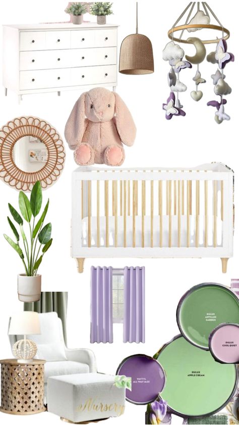 Green/ Purple/ Pink Nursery inspo ✨ Sage And Lilac Nursery, Green Bedroom Kids, Green And Purple Nursery, Green Nursery Girl, Sage Nursery, Lilac Nursery, Green Baby Room, Lilac And Green, Baby Room Colors