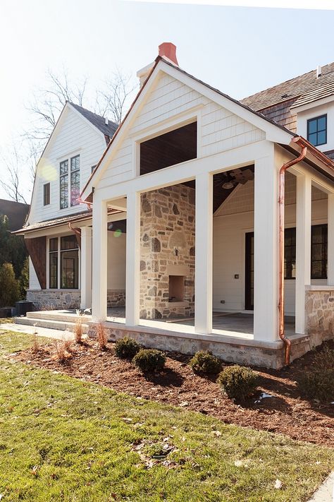 Stone exterior with white and copper gutters and Downspouts #exteriorstone #stone #coppergutters #copperDownspouts Bm Cloud White, Interior Door Paint Colors, Harris House, Copper Gutters, Fireclay Farmhouse Sink, Walking Closet, Stone Cottages, Home Bunch, Cottage Style Home