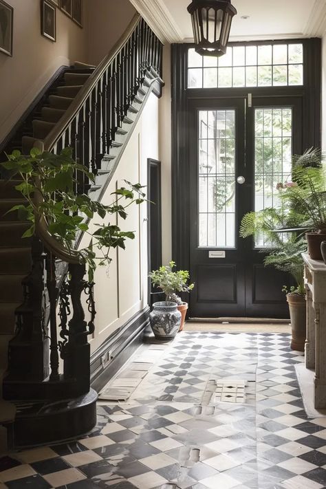 The image shows an elegant hallway with a black and white checkered floor. There is a dark wood staircase with a black railing leading to the second floor ->> more details in ai-img-gen.com Black White Entrance Hall, Black And White Checkered Tile Floor, Checkered Floor Dining Room, Dark Wood Floor Hallway, Classic Hallway Design, Black And White Tile Hallway, Checkered Floor Entryway, Black And White Tile Entryway, Black And Wood Staircase