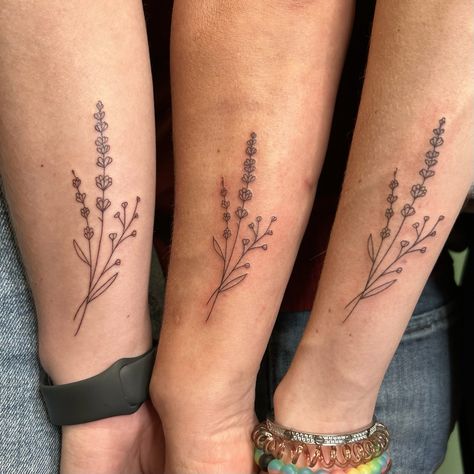 Forearm Lavender Tattoo, Tattoo Ideas For Mom And Daughter, Lavender Plant Tattoo, Lavender Tattoo Black, Mother Daughter Tattoos For 3, Tattoos For Mother, Lavender Flower Tattoo, Lavender Tattoos, Mother And Two Daughters