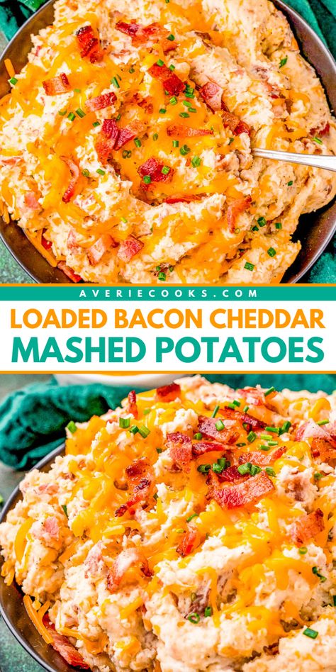 Serve these bacon cheddar mashed potatoes! They're a perfect addition to your Christmas dinner ideas. Creamy, buttery, and full of flavor, these loaded mashed potatoes are a Christmas side dish recipe no one will be able to resist! Fully Loaded Mashed Potatoes, Mashed Potatoes With Bacon, Desserts Board, Bacon Mashed Potatoes, Cheddar Mashed Potatoes, Potatoes With Bacon, Butter Mashed Potatoes, Easy Mashed Potatoes, Loaded Mashed Potatoes