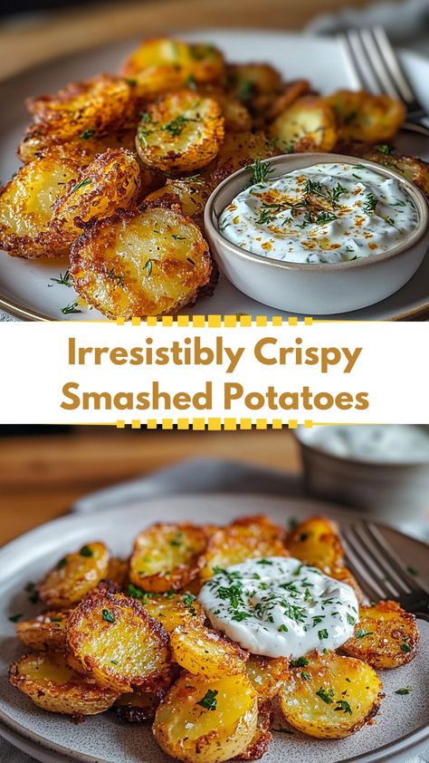 Crispy smashed potatoes are the perfect combination of golden, crunchy edges and soft, fluffy centers. Paired with a zesty yogurt dip, this recipe is the ultimate side dish or snack! Seasoned with garlic and herbs, these potatoes are roasted to perfection and served with a tangy, creamy dip for a burst of flavor. Perfect for parties, dinners, or a quick treat, this dish is easy, delicious, and sure to impress! Unprocessed Meals, Golden Potato Recipes, Potato Croquette, Christmas Eve Brunch, Gluten Free Dairy Free Recipes Dinner, Roasted Smashed Potatoes, Garlic Smashed Potatoes, Potato Side Dishes Easy, Uni Meals