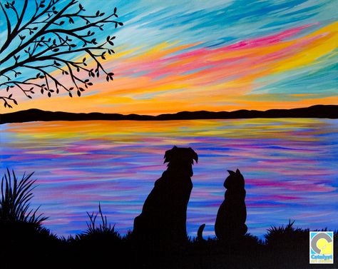 woman at beach silhouette painting | Catalyst Art Studio. Connecticut. Dog Cat Silhouette Sip ... Sunset Beach Silhouette, Cat And Dog Painting Easy, Rustic Painting Ideas, Cat Silloute, Easy Dog Painting, Dog Silhouette Painting, Easy Animal Paintings, Cat Silhouette Painting, Cat And Dog Painting